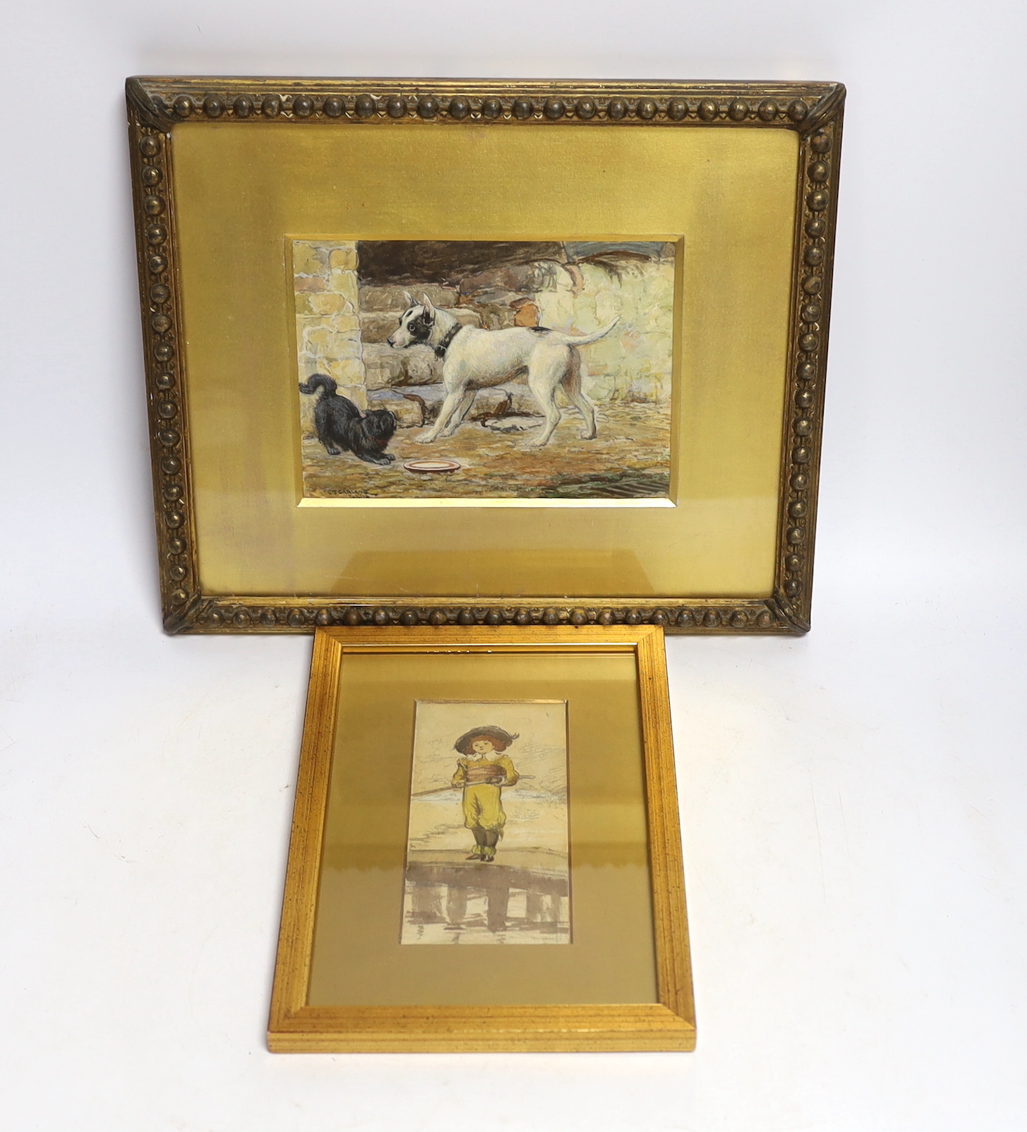 Charles Trevor Garland (1851-1906), two watercolours, Dog and cat and Boy angler, one signed and dated Jan '79, largest 12 x 17cm. Condition - fair